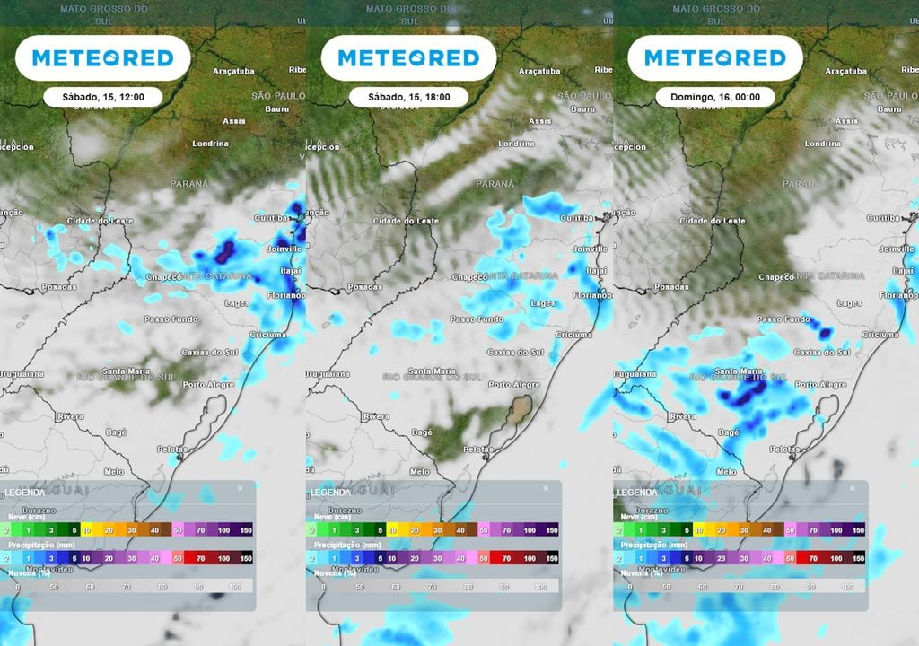 Previsão de nebulosidade e chuva no sábado às 12h, 18h e 24h. Previsão de nebulosidade e chuva no sábado às 12h, 18h e 24h ilustra a dissipação da chuva sobre a região Sul, que dá lugar a um tempo mais firme, seco, quente e bastante ensolarado.