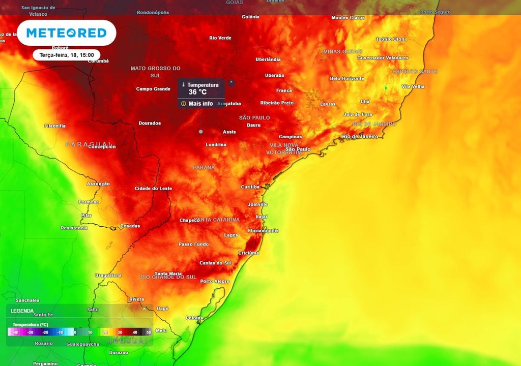 Previsão de temperaturas máximas na terça-feira. Previsão de temperaturas máximas na terça-feira mostra que grande parte da região Sul estará registrando valores superiores a 30°C, com máximas chegando a até 36°C em alguns municípios.