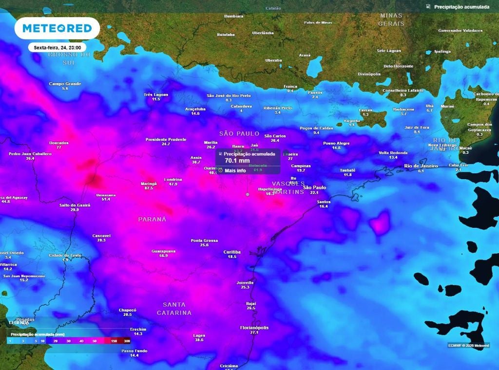 Previsão da precipitação acumulada (em mm) entre hoje (22) e a noite (23h) de sexta-feira (24), segundo o modelo europeu ECMWF.