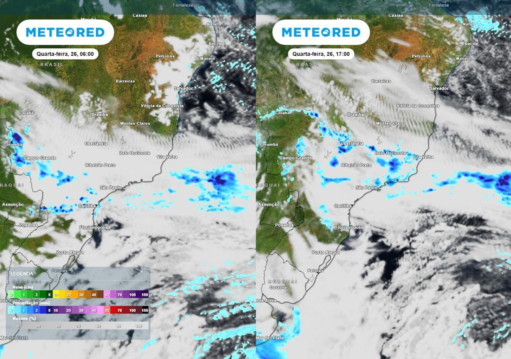 Previsão de nebulosidade e chuva na quarta-feira durante a manhã (esquerda) e tarde (direita). Previsão de nebulosidade e chuva na quarta-feira durante a manhã (esquerda) e tarde (direita) mostra pancadas de chuva esparsas e localizadas se formando sobre parte da região Central do país.