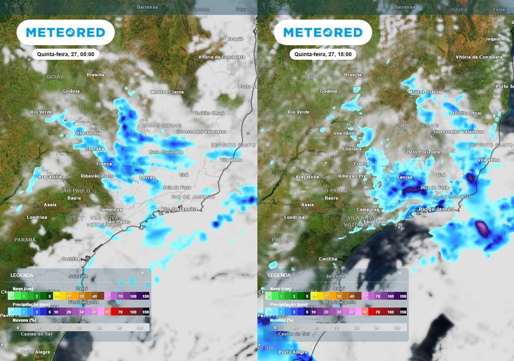 Previsão de nebulosidade e chuva na quinta-feira durante a manhã (esquerda) e tarde (direita). Previsão de nebulosidade e chuva na quinta-feira durante a manhã (esquerda) e tarde (direita) mostra que pancadas de chuva esparsas e localizadas continuarão se formando no Sudeste.