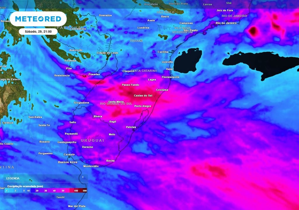 Previsão de acumulados totais de chuva até o final do Sábado. Previsão de acumulados totais de chuva até o final do Sábado mostra que as chuvas sobre o Rio Grande do Sul podem chegar a volumes de até 200 mm, causando grandes transtornos.