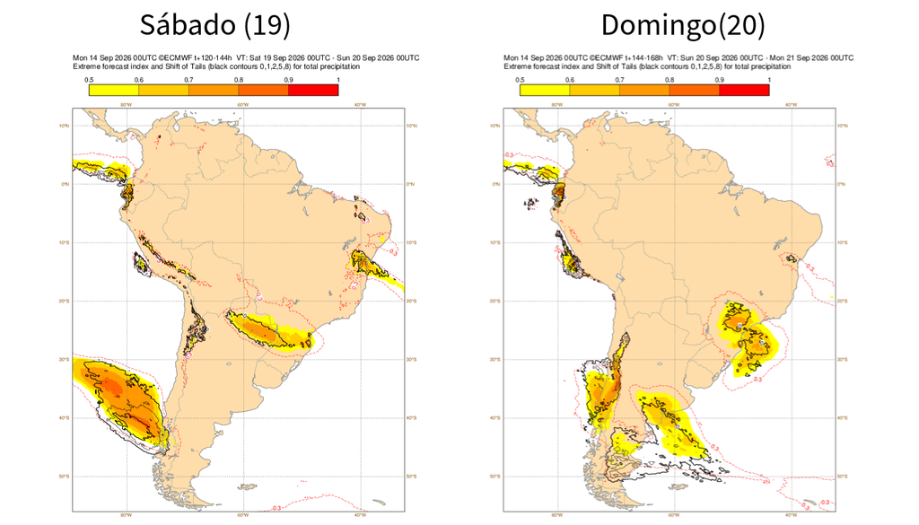 EFI do ECMWF para a precipitação neste sábado (18) e domingo (19). Créditos: Meteored/ECMWF.