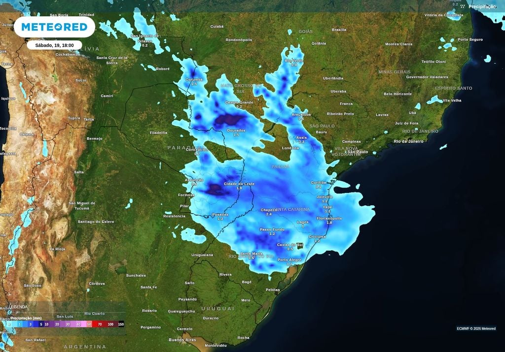 Previsão de chuva para sábado (19), segundo o ECMWF.