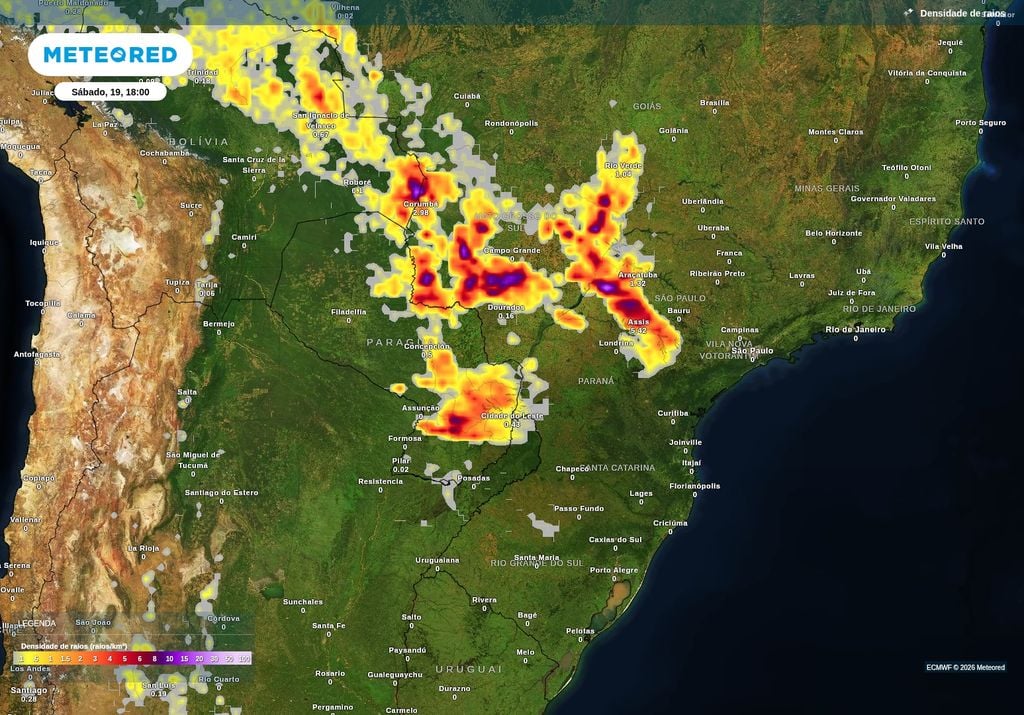 Previsão de tempestades para sábado (19), segundo o ECMWF.