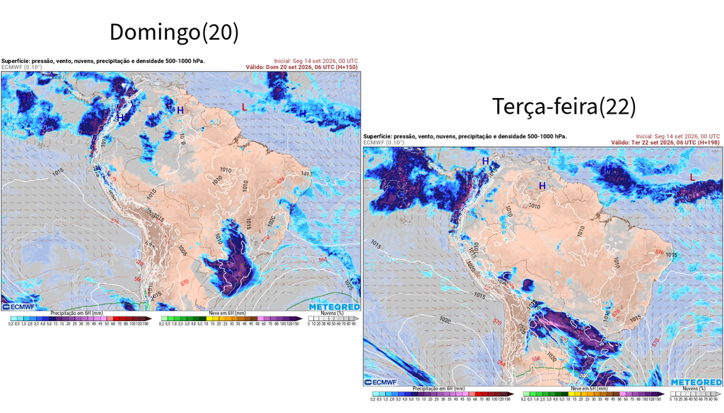 Previsão de chuva para domingo (20) e terça-feira (23), segundo o ECMWF.
