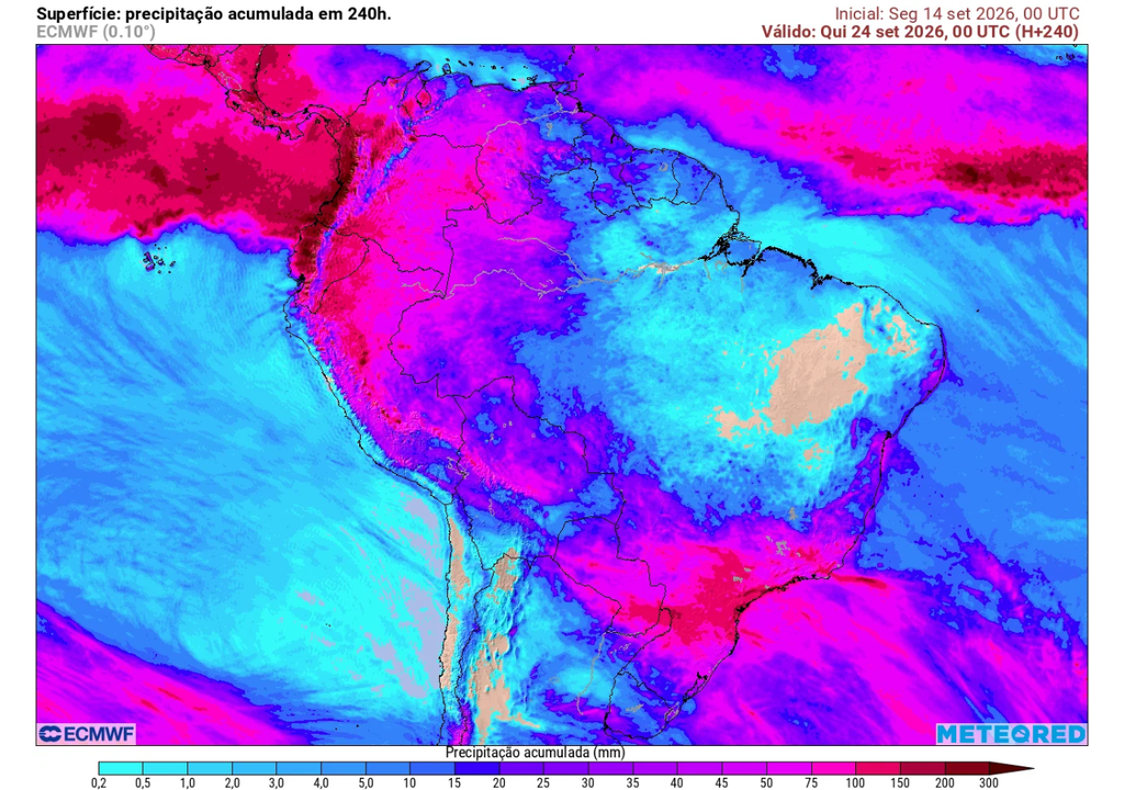 Previsão de chuva acumulada até o final de terça-feira (23), segundo o ECMWF.