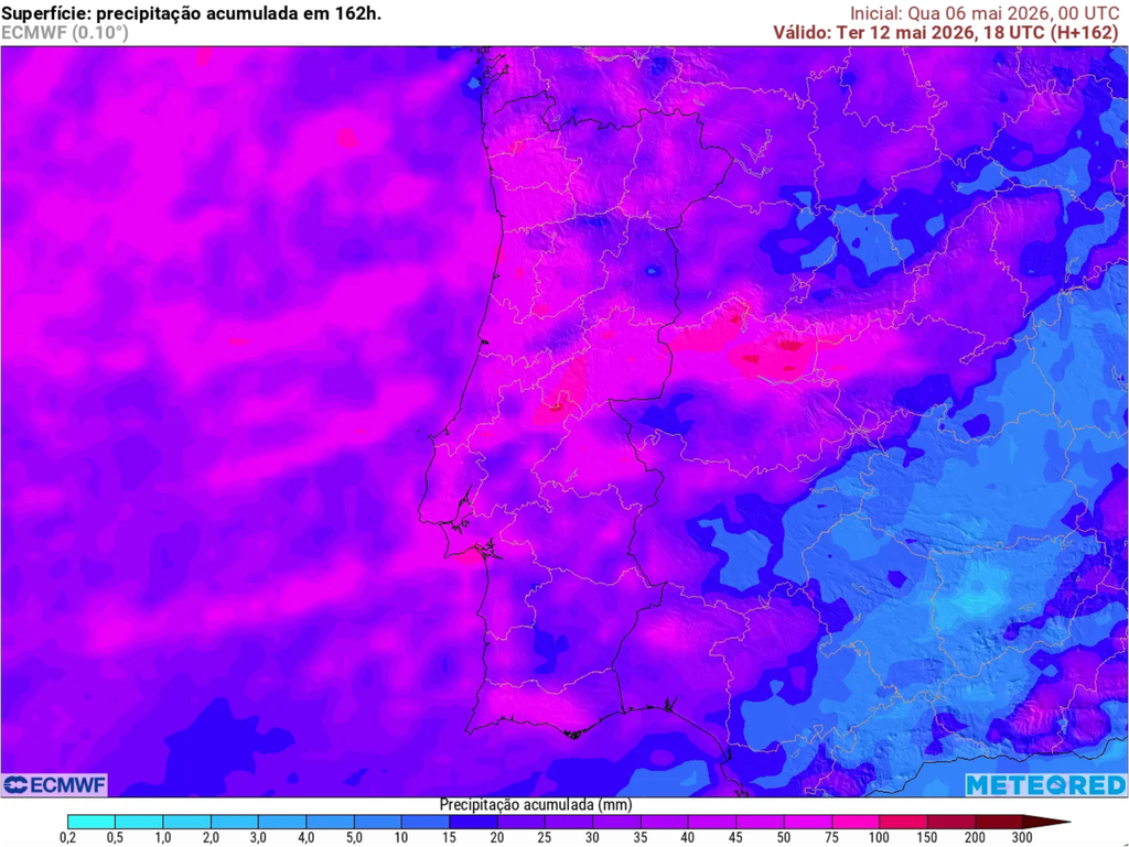 Os mapas de precipitação acumulada do modelo ECMWF apontam para valores significativos até ao final de terça-feira (12), sobretudo nas regiões Norte e Centro de Portugal continental. As áreas mais expostas ao fluxo húmido associado à depressão fria poderão ultrapassar 50 mm, especialmente no litoral e zonas montanhosas.
