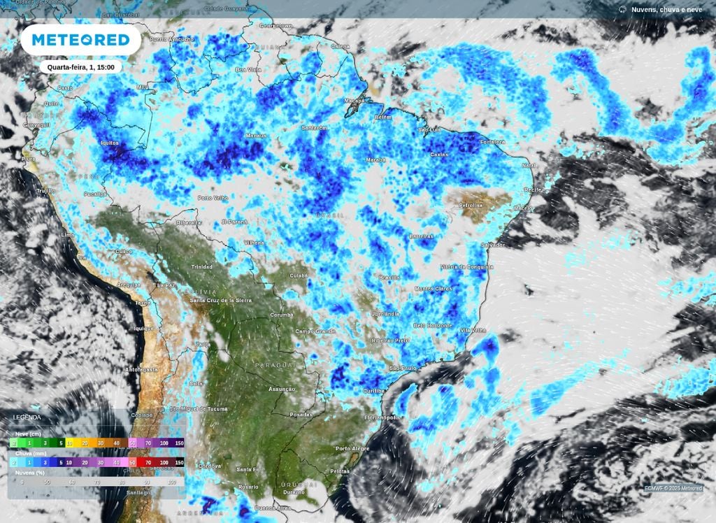 Previsão de precipitação para o primeiro dia de abril. Chuvas se espalham pelo país, com pontos de intensidade moderada a forte.