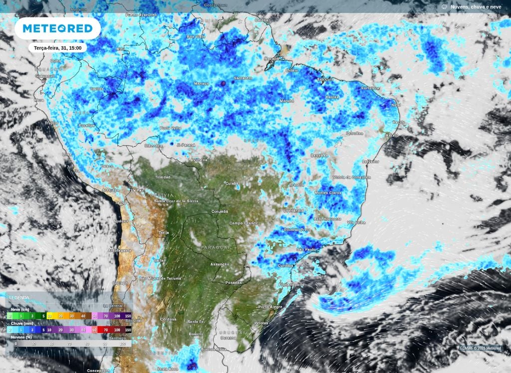 Precipitação prevista para a tarde da próxima terça-feira (31). Retornos das chuvas sobre o Sudeste do pais, mas não permanece por muito tempo.