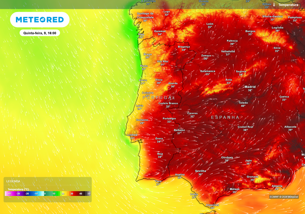 Na quinta-feira (dia 9), a influência atlântica torna-se mais evidente, com uma descida das temperaturas sobretudo no litoral, enquanto o interior continua significativamente mais quente