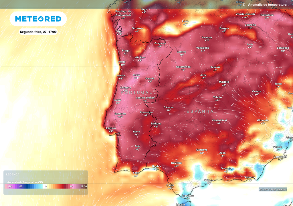 O mapa de anomalia da temperatura mostra valores entre +6 e +11 °C acima da média climatológica, sinal de um episódio muito quente para esta altura do ano. Contudo, os distritos de Braga e Vila Real, terão valores da anomalia da temperatura mais baixos (apenas +3 °C)