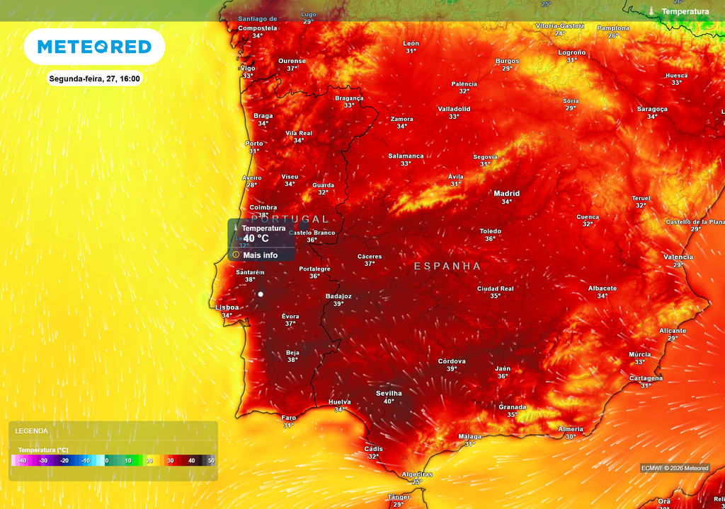 temperatura do ar à superfície Esta segunda-feira, dia 27 de julho, poderá contar com temperaturas acima dos 30 ºC na maior parte do território continental.