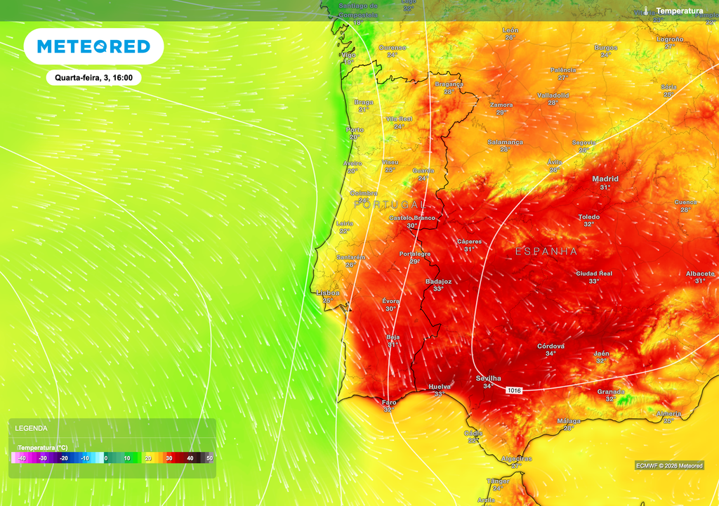 Na tarde de quarta-feira, a influência marítima deverá manter as temperaturas mais contidas no litoral ocidental, com Porto e Lisboa a registarem máximas entre 20 e 25 ºC. No interior, os valores deverão permanecer significativamente mais elevados, especialmente no Alentejo, onde as máximas poderão atingir 29 a 32 ºC.