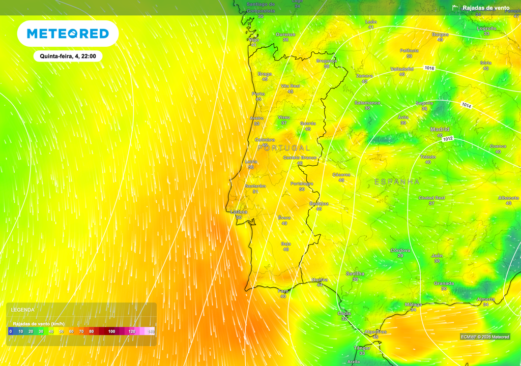 Durante a noite de quinta-feira, as rajadas deverão atingir 45 a 60 km/h no litoral ocidental. Nas zonas costeiras mais expostas entre Aveiro e Leiria, poderão ocorrer valores pontualmente próximos dos 70 km/h. No interior do território, o vento deverá apresentar menor intensidade, com rajadas geralmente entre 35 e 50 km/h.