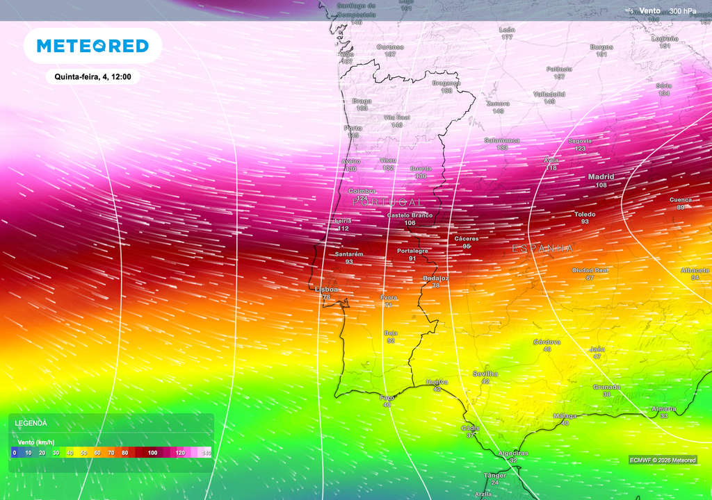 Na tarde de quinta-feira, a corrente de jato polar deverá intensificar-se sobre Portugal continental, com ventos entre 120 e 190 km/h a cerca de 9 a 11 km de altitude. Apesar de estes valores ocorrerem muito acima da superfície, a intensificação deste fluxo atmosférico deverá favorecer uma maior influência atlântica, contribuindo para mais vento no litoral, aumento da nebulosidade e temperaturas mais baixas na fachada ocidental do território.