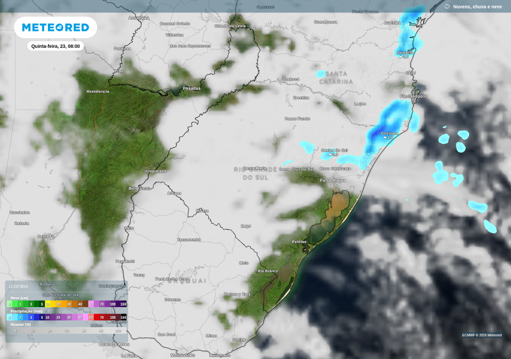 Previsão de chuva e nuvens para quinta-feira (23), segundo o ECMWF. Previsão de chuva e nuvens para quinta-feira (23), segundo o ECMWF.
