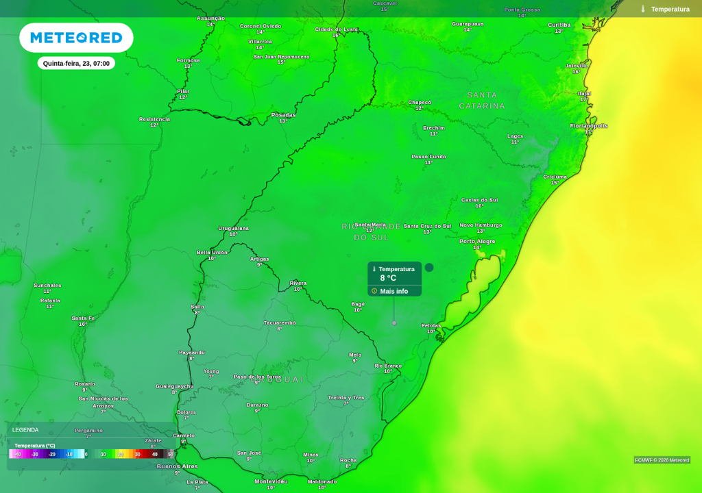 Previsão de temperatura mínima para quinta-feira (23), segundo o ECMWF. Previsão de temperatura mínima para quinta-feira (23), segundo o ECMWF.