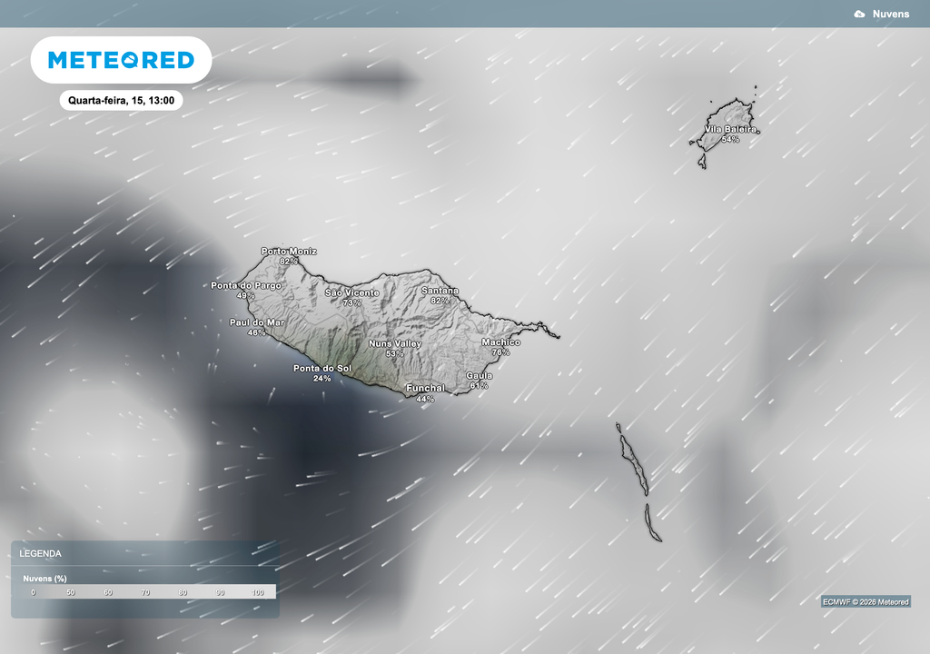 Na quarta-feira, prevê-se um aumento pontual da nebulosidade na Madeira, associado ao fluxo de norte a nordeste, sem precipitação, num contexto de estabilidade atmosférica.