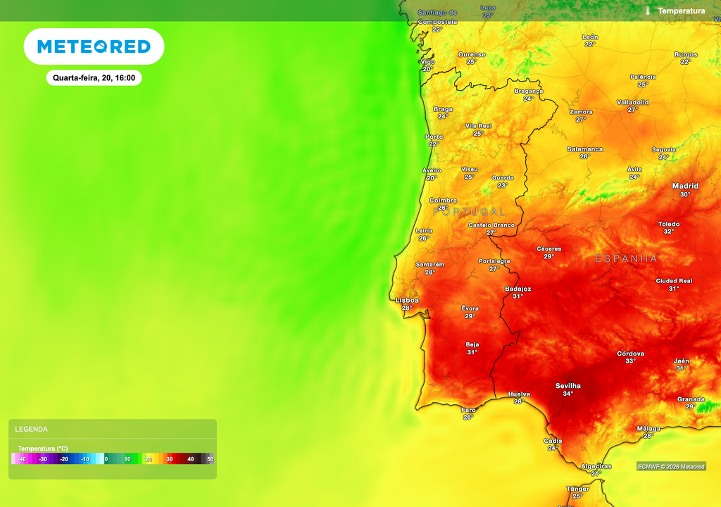 Os mapas do ECMWF apontam para temperaturas superiores a 30 ºC em partes do Alentejo e interior Sul durante o dia 20 de maio. A subida térmica deverá ser mais significativa nas regiões do Sul e do Vale do Tejo, enquanto o litoral continuará mais moderado devido à influência marítima.