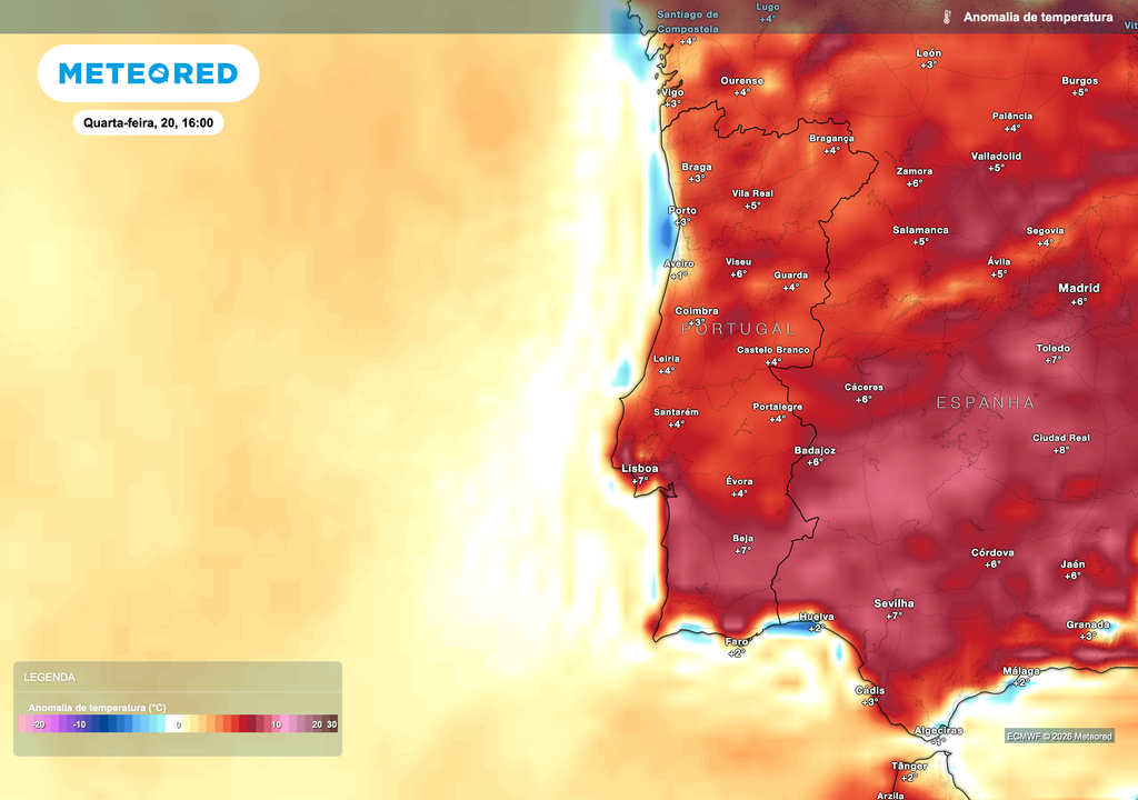 Os mapas de anomalia térmica indicam valores entre 4 e 7 ºC acima da média climatológica em grande parte de Portugal continental durante a próxima semana. O desvio positivo deverá ser mais expressivo no Sul, refletindo a entrada de uma massa de ar mais quente sobre a Península Ibérica.