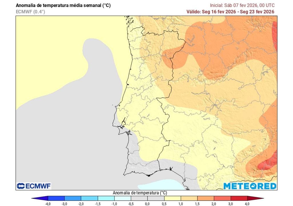 Anomalia térmica prevista para a semana de 16 a 23 de fevereiro em Portugal continental.