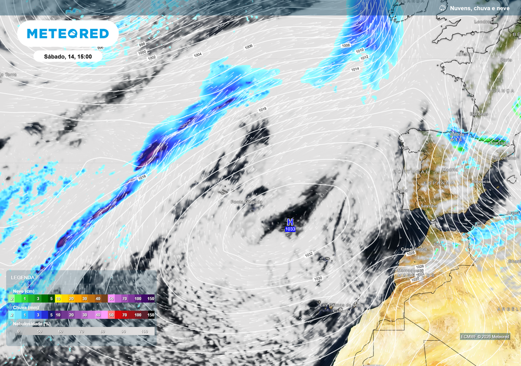 Anticiclone centrado a oeste da Península Ibérica (≈1033 hPa), desviando o fluxo húmido para latitudes mais altas e bloqueando a entrada de frentes atlânticas em Portugal.