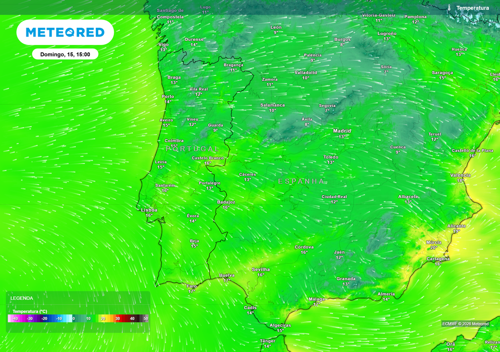 Subida moderada das máximas, com 14–16 °C generalizados e tendência de aumento progressivo para o início da semana.