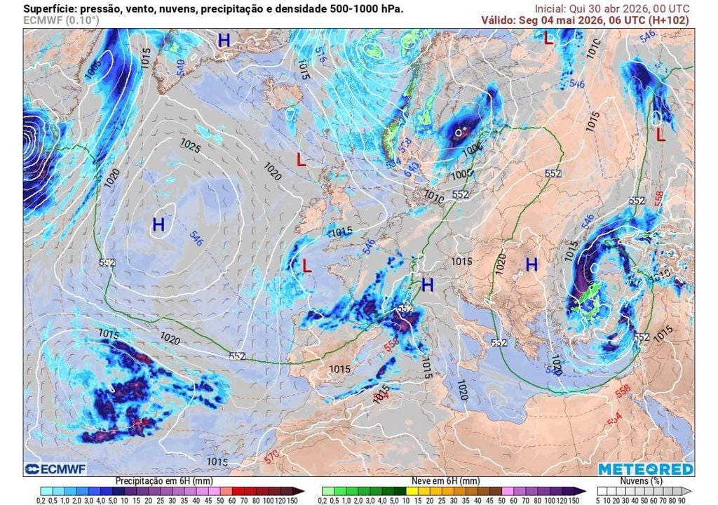 No dia 4 de maio, uma zona de baixas pressões alongada sobre a Europa Ocidental deverá trazer alguma chuva a Portugal e uma descida das temperaturas, sobretudo no Norte e Centro.