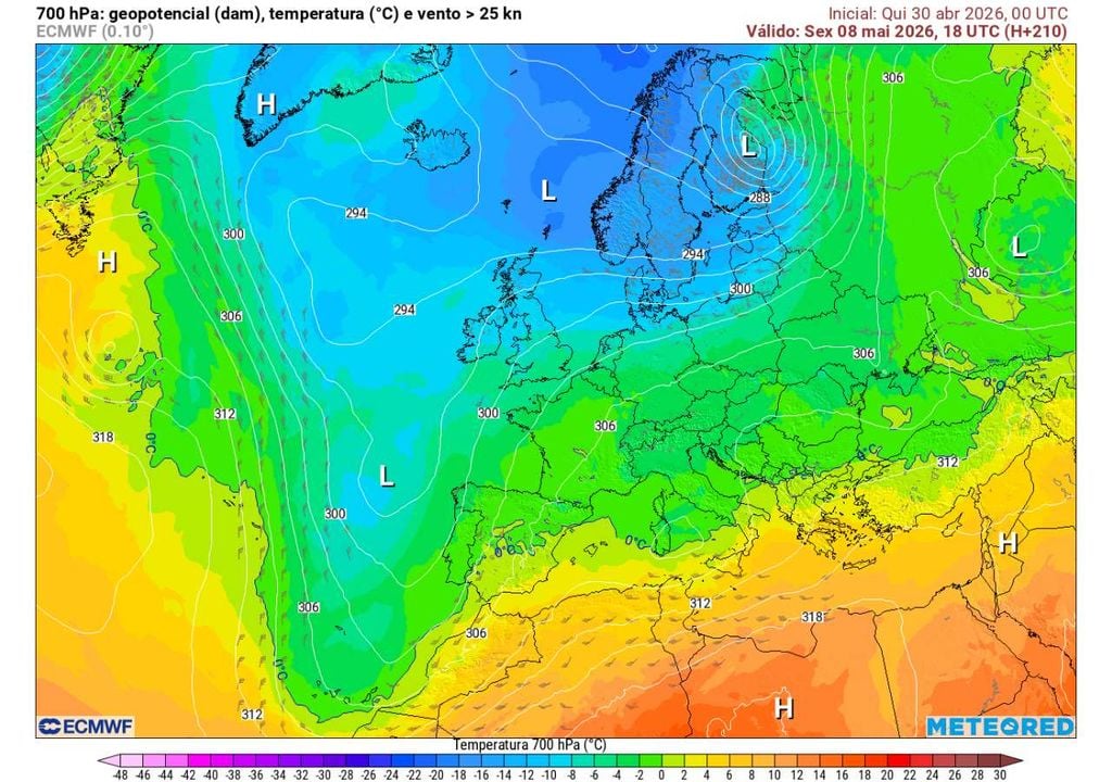 A partir de 8 de maio, ar mais frio ligado ao jato polar poderá cavar uma nova zona depressionária no Atlântico Norte, favorecendo o regresso da chuva a Portugal.