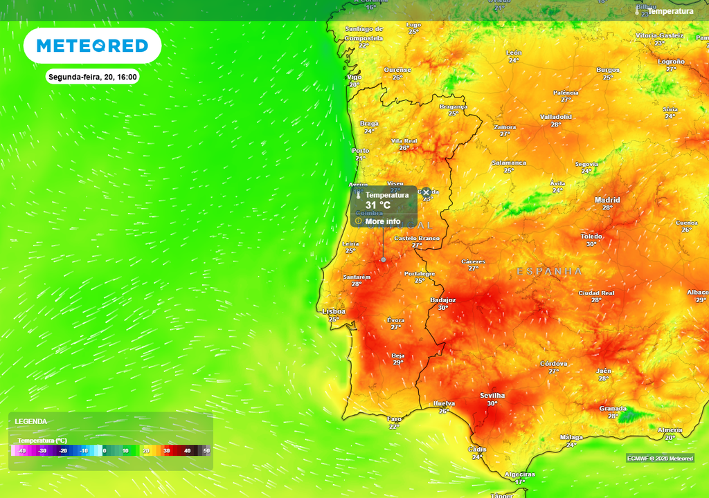 Temperatura máxima prevista pelo modelo Europeu para segunda-feira, 20 de abril: nos vales do Douro, Tejo, Sado e Guadiana os termómetros registarão valores a rondar os 30 ºC.