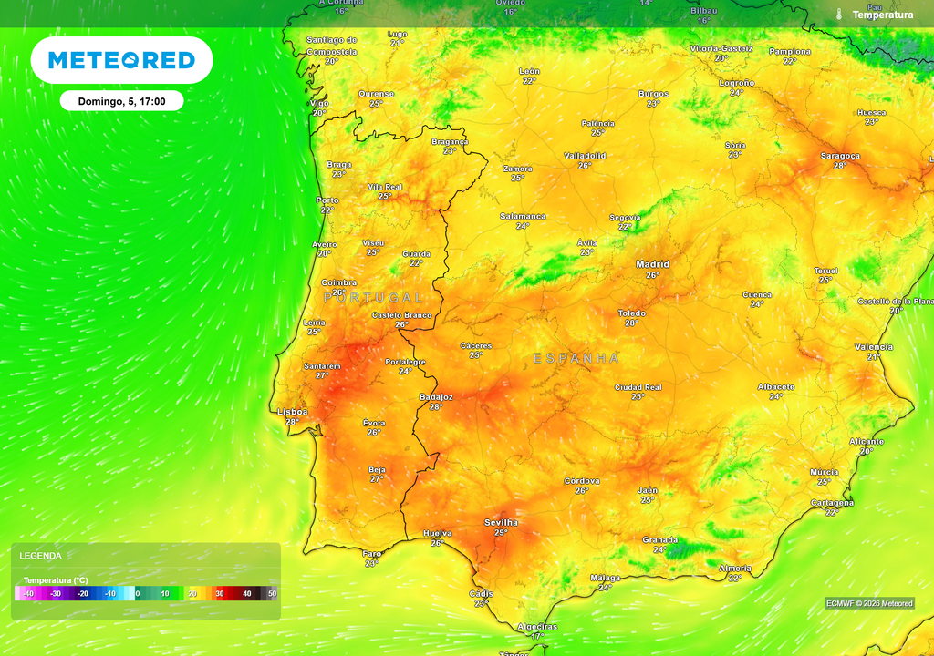 Subida progressiva das temperaturas até domingo de Páscoa, com valores próximos dos 30 ºC no interior e ambiente quase de verão em várias regiões.