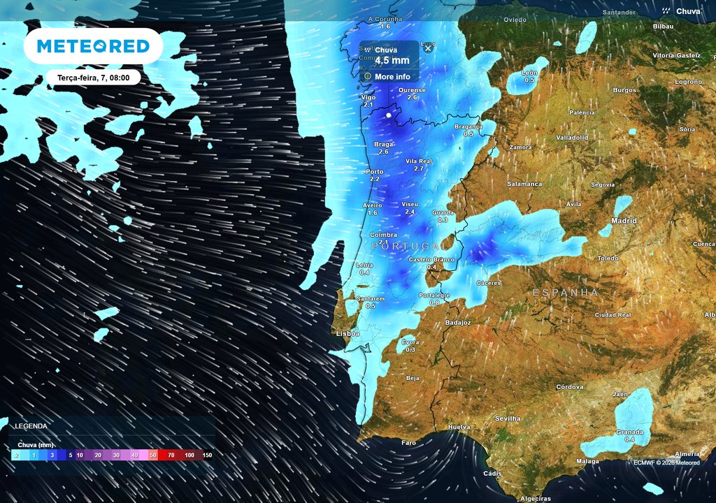 Chuva generalizada nas regiões Norte e Centro, com períodos de intensidade moderada e acumulados mais significativos no litoral.