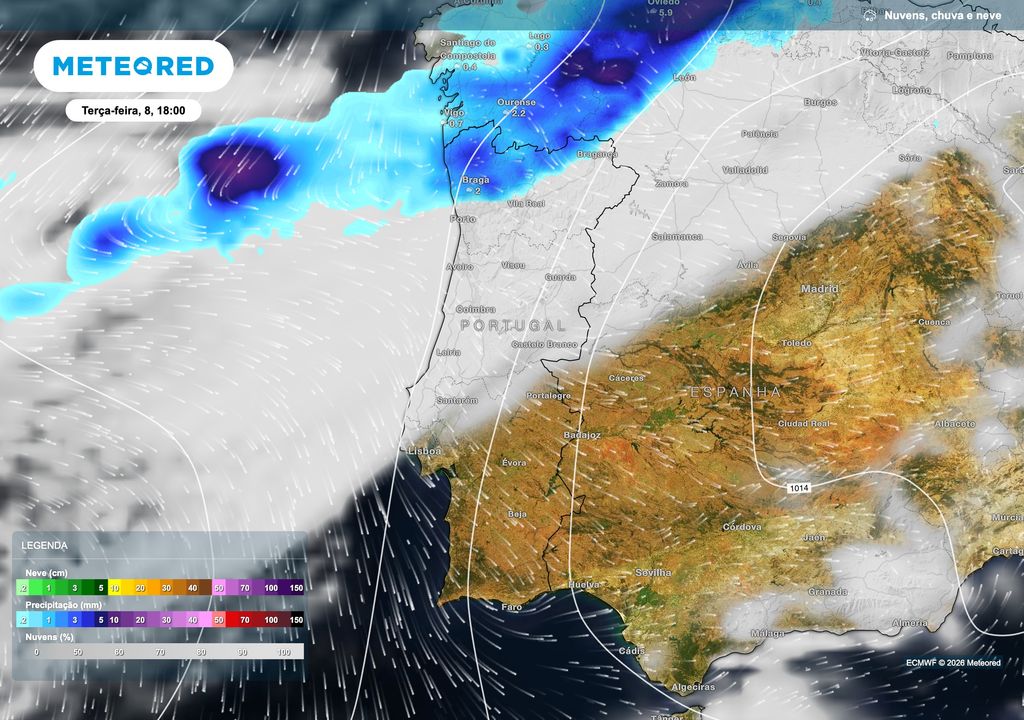 A instabilidade deverá aumentar durante a tarde de terça-feira, com a precipitação a afetar sobretudo o Norte a partir das 15h. Pelas 18h, a chuva deverá concentrar-se no Minho, estendendo-se progressivamente ao Douro Litoral e a Trás-os-Montes.
