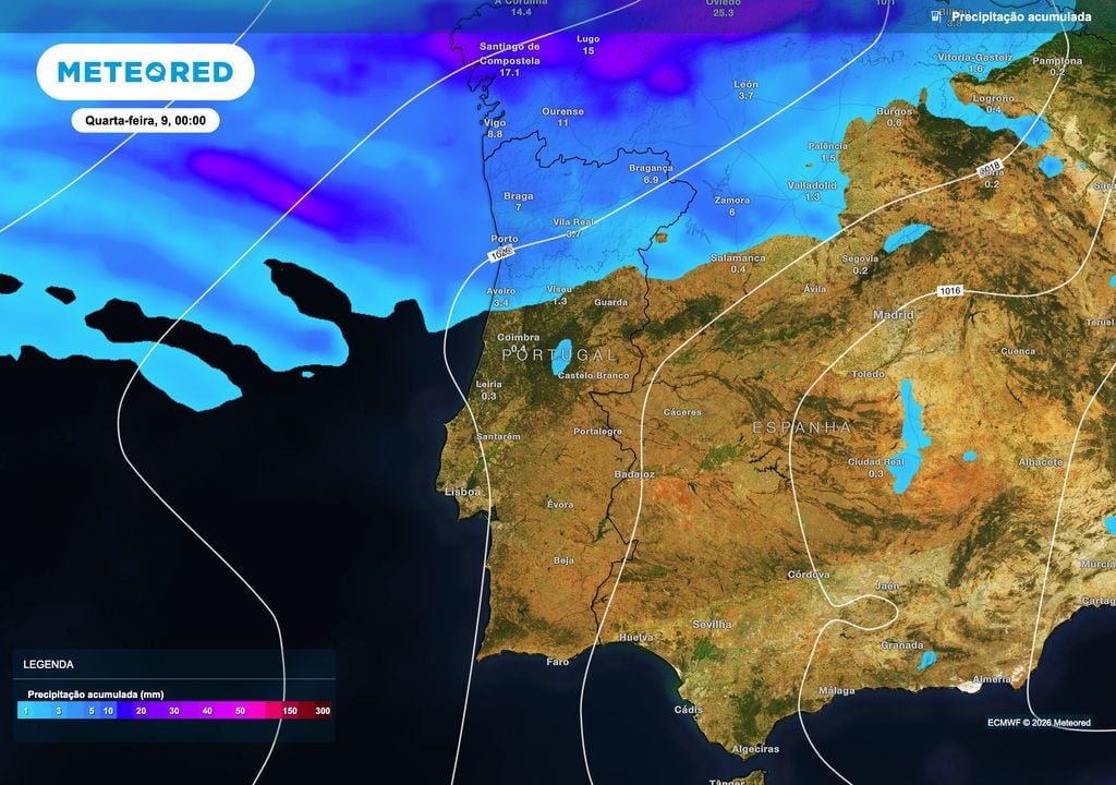 Até às 00h de quarta-feira, os maiores acumulados deverão concentrar-se no Norte, refletindo várias horas de precipitação desde a tarde de terça-feira. Os valores poderão atingir cerca de 7 mm em Braga e Bragança e 5 a 6 mm no Porto.