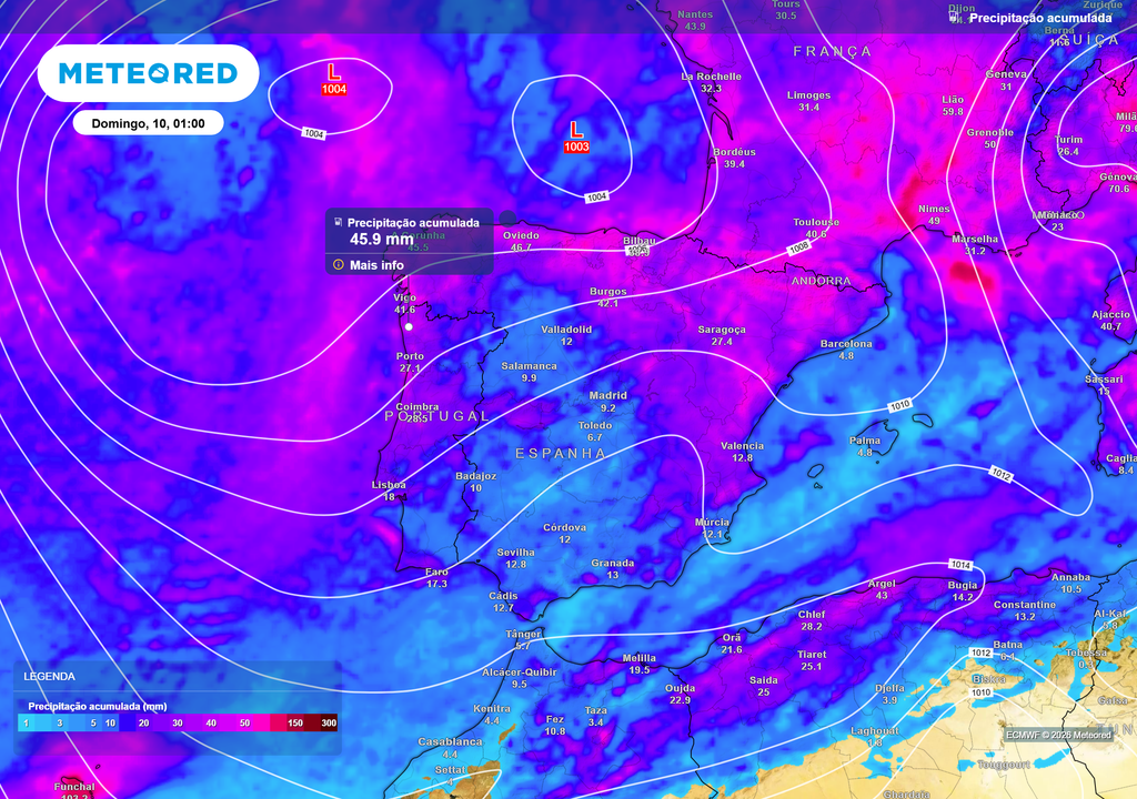 Até ao início da madrugada de domingo, estes serão os valores de precipitação acumulada em Portugal Continental. O litoral Norte e Centro deverão contar com os maiores acumulados, com algumas exceções noutros locais do país. Esta precipitação dever-se-á à depressão fria que poderá afetar o país a partir das últimas horas do dia de sexta-feira, dia 8.
