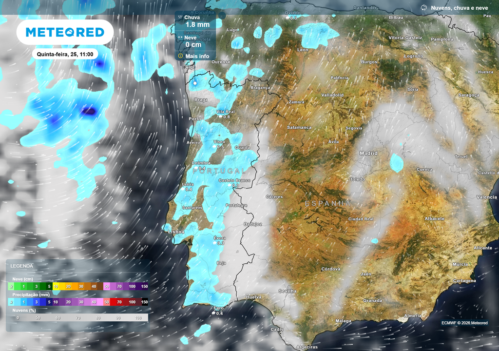 Na quinta-feira, a chuva poderá incidir sobre boa parte do continente português, ainda que com intensidade fraca, segundo a mais recente atualização dos nossos mapas.