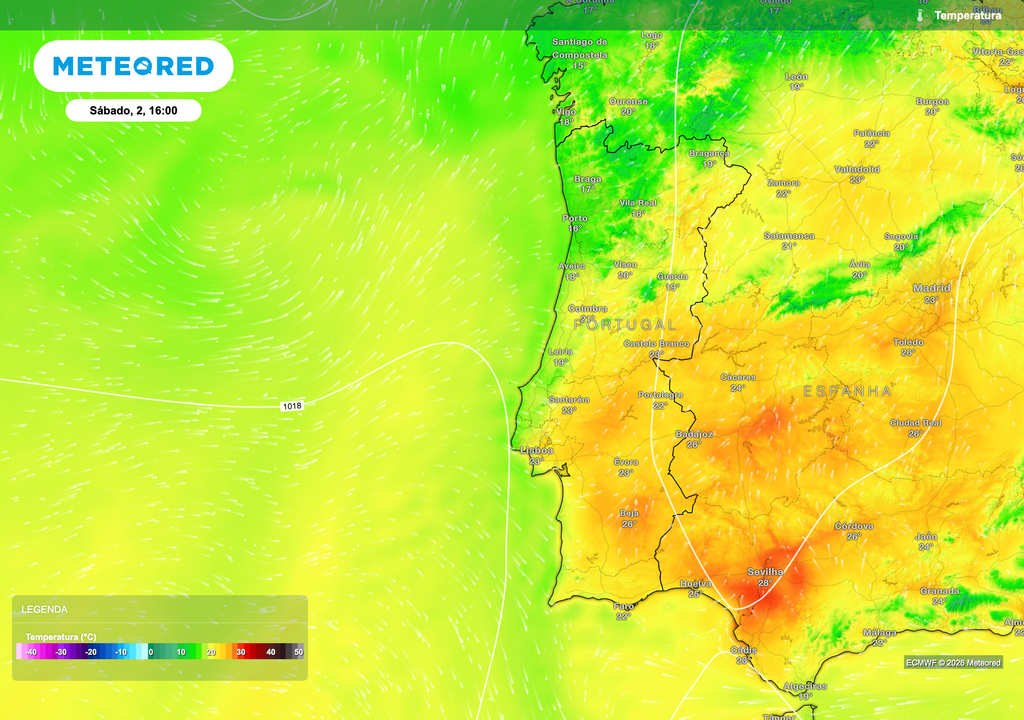 No sábado, observa-se uma clara estabilização da atmosfera, com predomínio de tempo seco e subida das temperaturas, mais evidente no interior. A diminuição da nebulosidade e o enfraquecimento da circulação perturbada permitem uma recuperação térmica gradual, aproximando os valores de um padrão mais típico para a época.