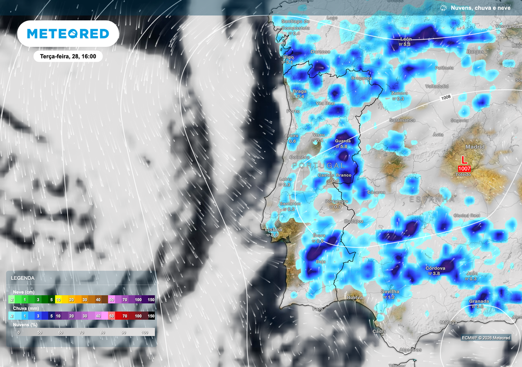 Durante a tarde de terça-feira, começam a surgir aguaceiros dispersos em várias regiões do território, sobretudo no interior Norte e Centro. Este primeiro sinal de instabilidade está associado à aproximação de um cavado em altitude, favorecendo o desenvolvimento de núcleos convectivos irregulares, ainda com distribuição muito localizada.