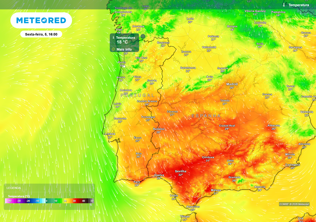 temperatura do ar à superfície Ao longo da semana registar-se-á uma descida das temperaturas, à exceção de quarta-feira que poderá registar uma subida das mesmas.