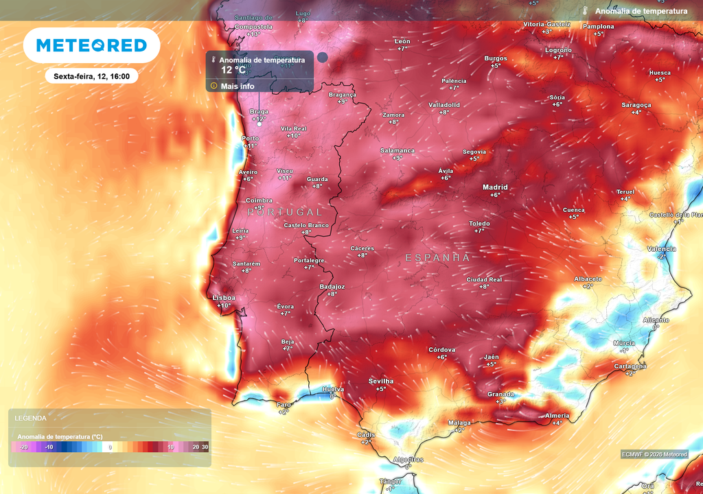 anomalia térmica positiva A partir de quarta-feira, dia 10, as anomalias térmicas positivas vão cobrir praticamente todo o território continental, à exceção do Algarve. Alguns locais poderão registar valores até 12 ºC acima da normal climatológica.