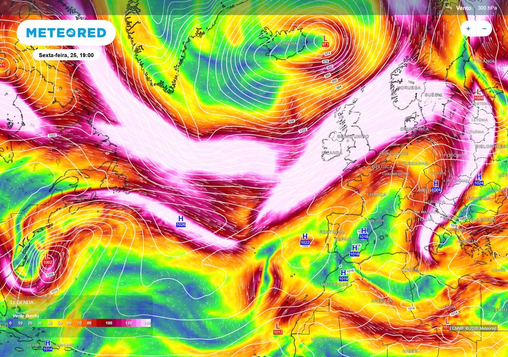 Vento a 300 hPa A corrente de jato polar apresenta uma ondulação muito pronunciada no Atlântico Norte e aproxima-se das latitudes da Península Ibérica. Esta configuração favorecerá o transporte de massas de ar mais fresco para sul nos dias seguintes.