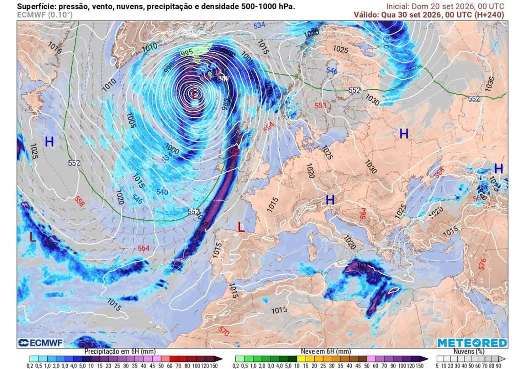 Pressão atmosférica e chuva Uma extensa frente fria associada a uma profunda depressão no Atlântico Norte surge muito próxima de Portugal na projeção do ECMWF. Ainda é cedo para confirmar a chegada da chuva, pelo que as próximas atualizações serão determinantes.