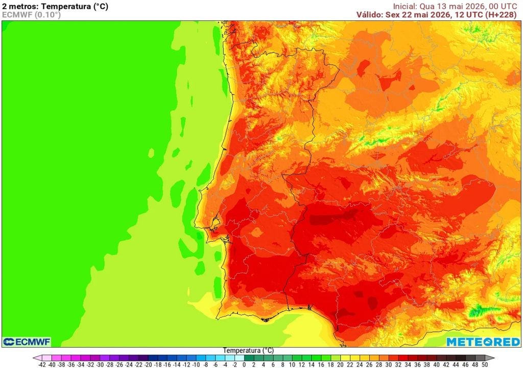 As previsões do ECMWF para 22 de maio apontam para uma subida significativa das temperaturas em Portugal continental, sobretudo no interior Norte e Centro, vale do Tejo, Alentejo e Algarve. Em algumas regiões do interior Sul, as máximas poderão aproximar-se ou ultrapassar os 30 ºC caso se confirme a entrada de uma massa de ar mais quente associada à crista subtropical.