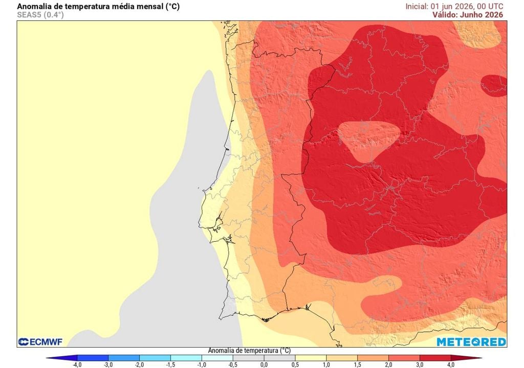 O modelo europeu sugere um mês de junho mais quente do que o habitual em Portugal continental, sobretudo no interior Norte, Centro e em várias zonas do Alentejo.