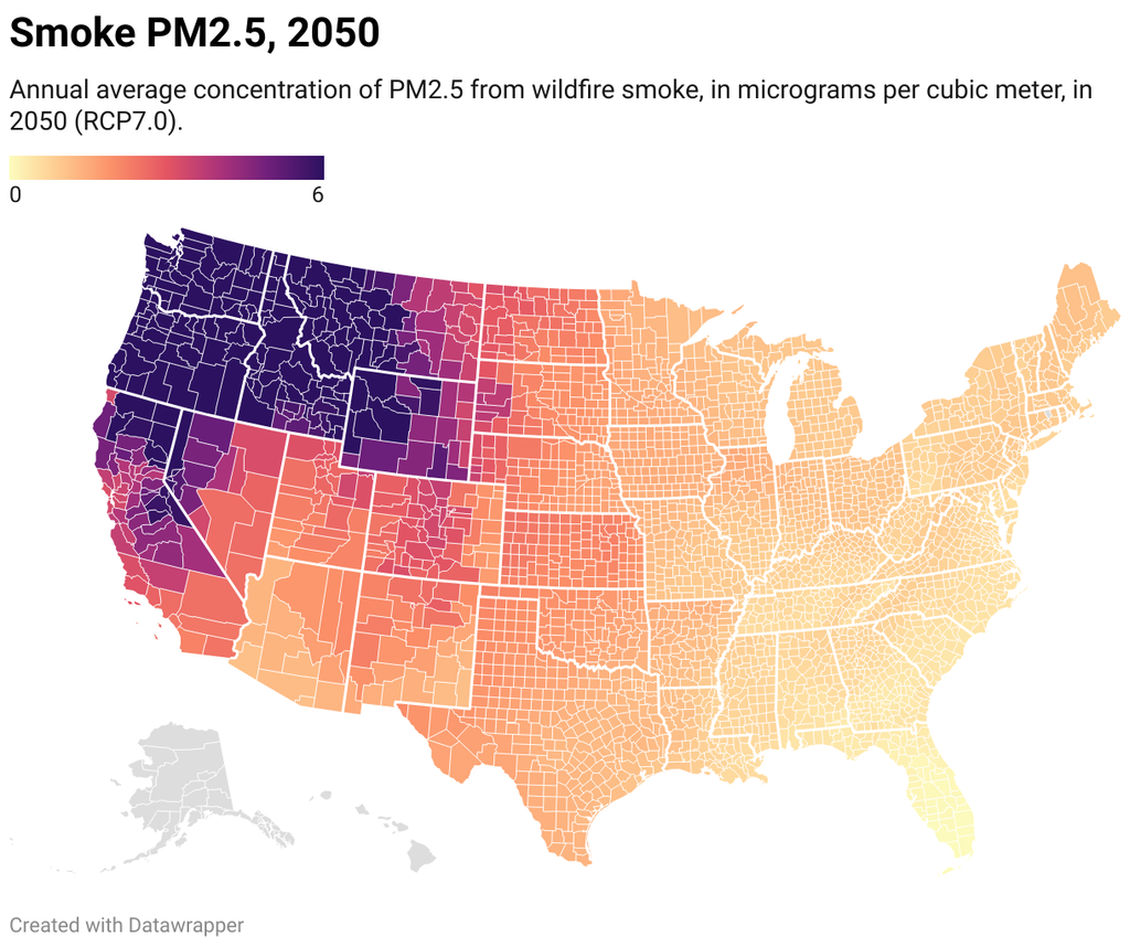 Concentraciones de material particulado: arriba, PM2.5, 2011-2020 y abajo, PM2.5, 2050.