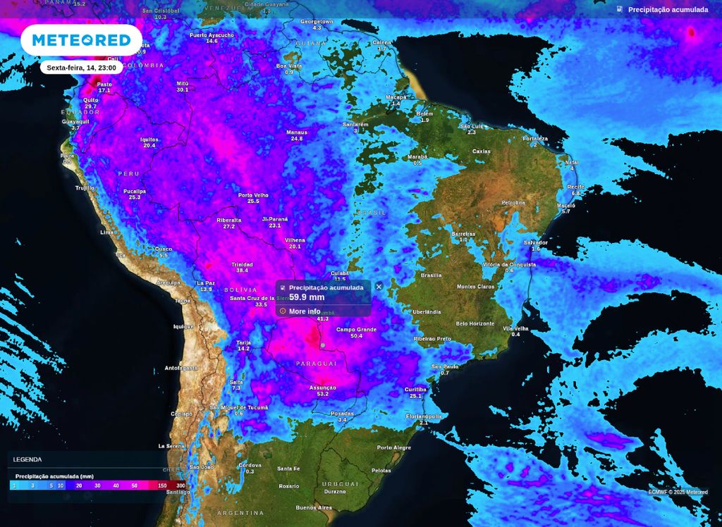 Mapa de precipitação acumulada para entre quinta (13) e sexta-feira (14). Mapa de precipitação acumulada para entre quinta (13) e sexta-feira (14).