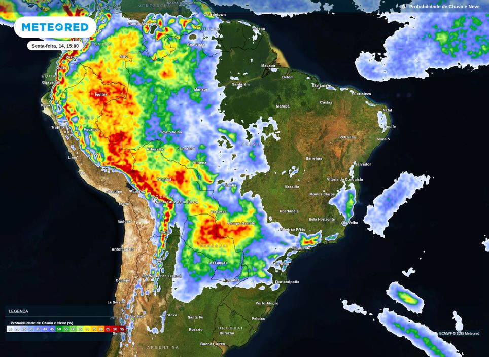 Mapa de probabilidade de precipitação para a tarde de sexta-feira (14).