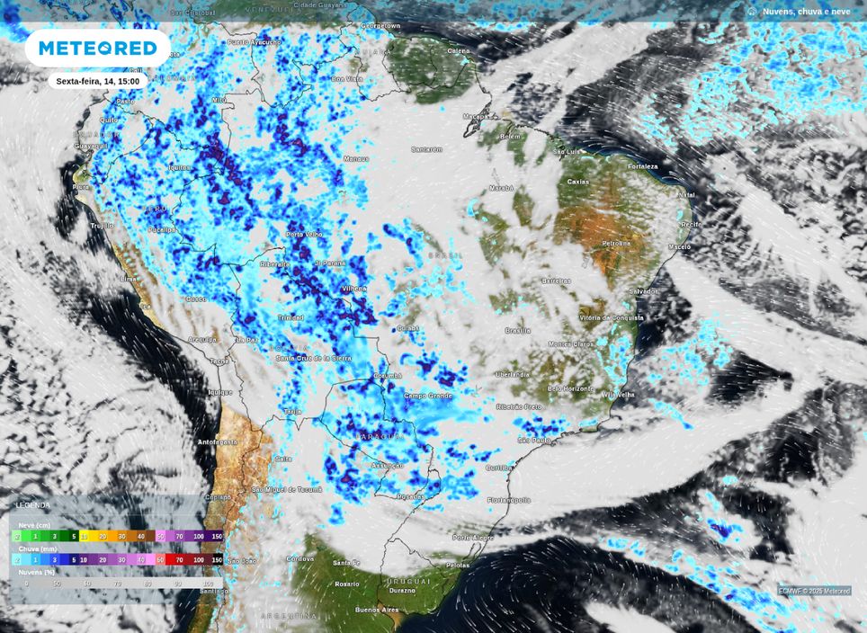 Precipitação e nebulosidade prevista para a tarde de amanha (14).
