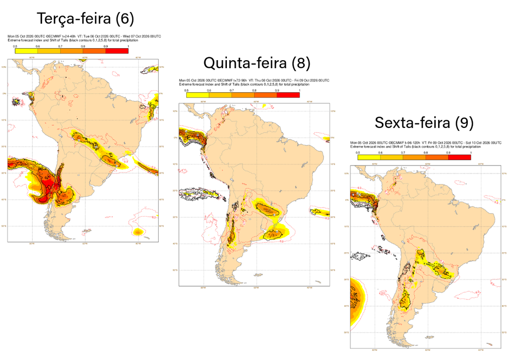 EFI do modelo ECMWF para a precipitação terça (6), quinta (8) e sexta-feira (9). Créditos: Meteored/ECMWF. EFI do modelo ECMWF para a precipitação terça (6), quinta (8) e sexta-feira (9). Créditos: Meteored/ECMWF.